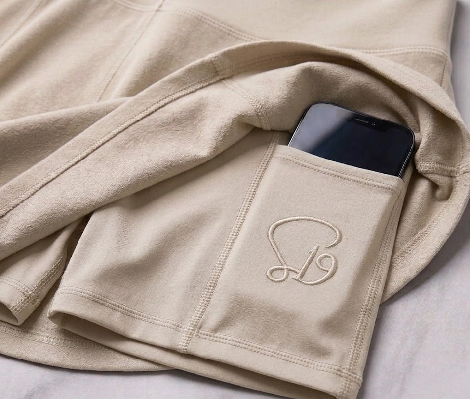 Beige garment pocket with tonal logo and phone tucked inside